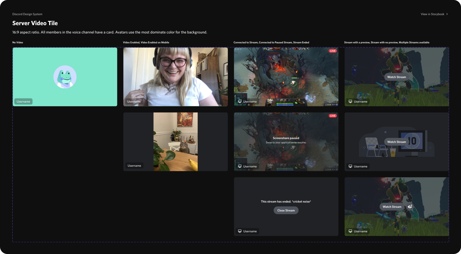 Screenshot of the Discord design system and all the variations of the video tiles used in the server video feature.