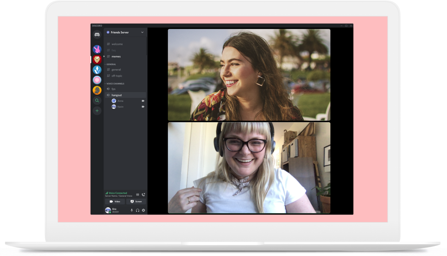 A pink rectangle with a mac book in the middle, on the screen are two women having a chat over discord server video